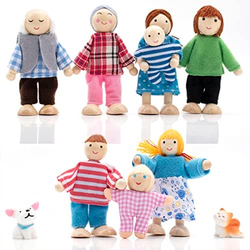 Image of Wooden Dollhouse People Family Set with Cat and Dog, Dolls House Figures for Pretend Dollhouse Accessories Gift