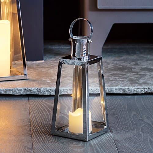 Image of Lights4fun Stainless Steel Silver Trapeze Decorative Candle Lantern LED Battery Operated with Timer Regular 21cm