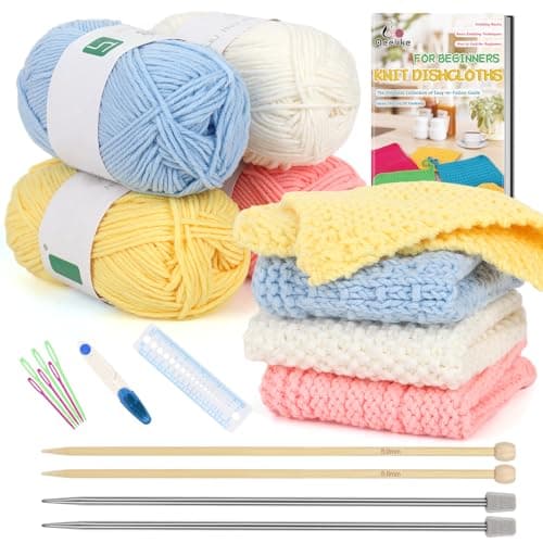 Image of Aeelike Knitting Starter Kit for Adults - Knitting for Beginners Kit - Make Your Own Dishcloth - Knitting Kit with Yarn, Instructions, Knitting Needles and Yarn Needle - Knitting Gift Set for Knitters