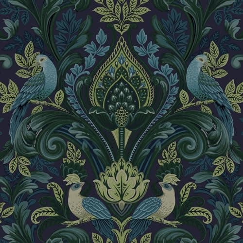 Image of Grandeco Peacock and Leaf Scrolls Opulent Damask Textured Wallpaper, Green Blue