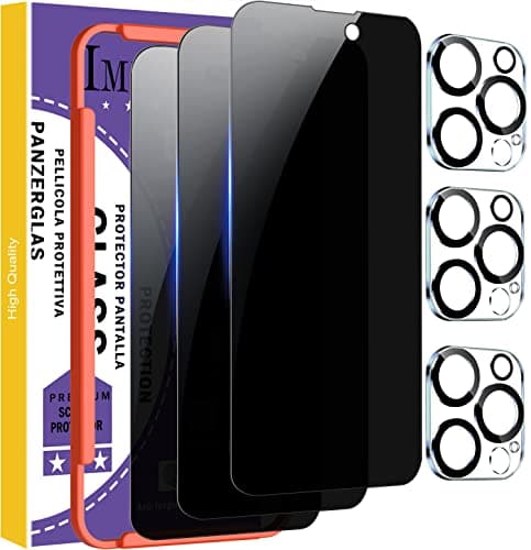 Image of IMBZBK [3+3 Pack] for Apple iPhone 14 Pro Max Privacy Screen Protector Tempered Glass Accessories 3 Pack 9H Anti Spy Privacy Screen for iPhone 14 Pro Max 3 Camera Lens Protector Case Friendly