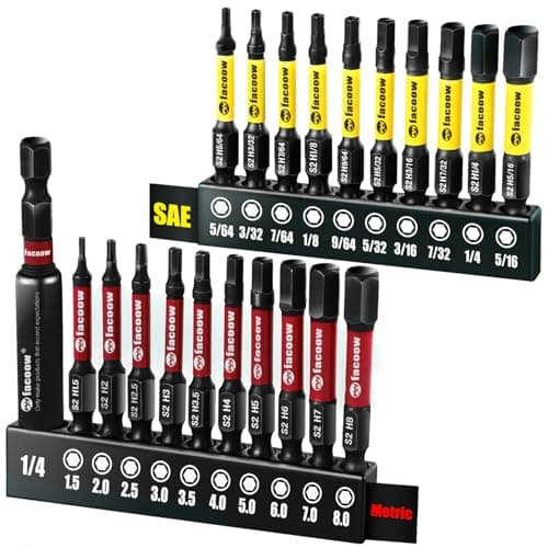 Image of Facoow 21PCS Impact Hex Bit Set, 2" Long SAE & Metric S2 Alloy Steel Allen Wrench Drill Bits Set with Strong Magnetic Tips, CNC Machined 1/4 Hex-Shank Allen Key Bits with Bit Holder & Storange Box