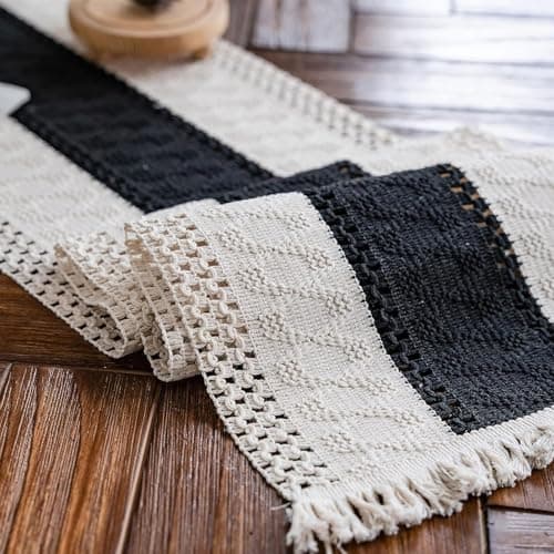 Image of 30×180cm Boho Table Runner with Tassels Hand Woven Cotton Macrame Farmhouse Table Runner for Bohemian Kitchen Dining Table (Black, 30*180cm)
