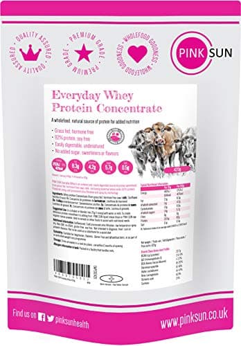 Image of PINK SUN Whey Protein Concentrate Powder Unflavoured 420g (82% Protein) Soy Free Grass Fed Gluten Free Vegetarian Undenatured Non GM Unsweetened Everyday Whey UK
