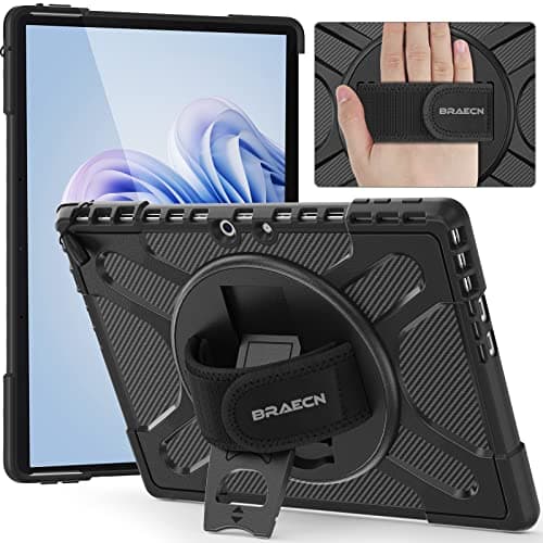 Image of BRAECN Case for Microsoft Surface Pro 11/10/9 13 inch, Heavy Duty Rugged Protective Cover with 360° Rotating Kickstand & Hand Strap, Black