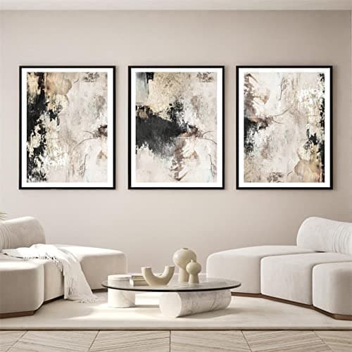 Image of YZNLOQ Modern Abstract Beige Canvas Wall Art Black Grey Abstract Painting Beige Brown and Gray Poster for Living Room Gold Foil Black and White Modern Canvas Wall Art 12x16in x3 No Frame
