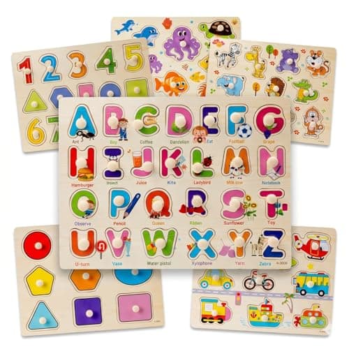 Image of 6 Pack Wooden Peg Puzzles for 3+ Year Olds - Educational Alphabet, Number, Shape & Animal Learning - Preschool Toys Ages 3 4 5