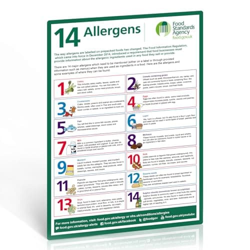 Image of 14 Food Allergens Poster 1 Pack – A4 Self-Adhesive Vinyl Sign (297x210mm), Waterproof Oil-Resistant UV Printed, FSA Compliant Allergy Awareness Notice for Kitchens, Restaurants & Takeaways