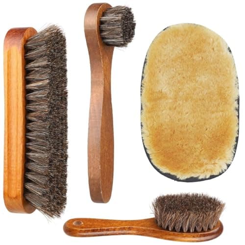 Image of Shoe Brush Set - Horsehair Brush for Shoe Shine Polish Buff - 3 Pcs Shoe Polish Dauber Applicator Brushes + 1 Pcs Shoes Polish Cloth Glove