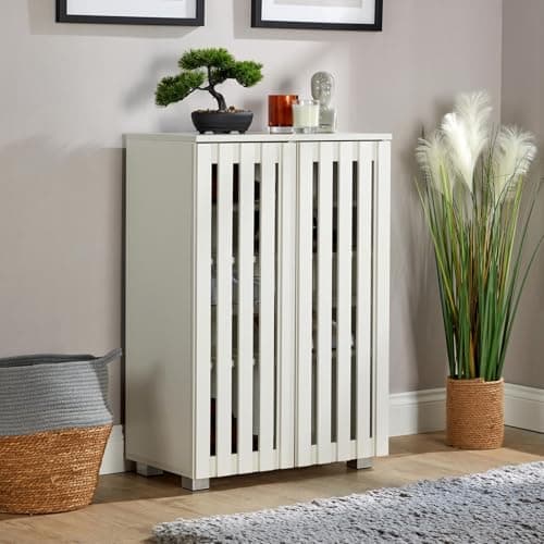 Image of Home Source 2 Door Wooden Shoe Storage Cabinet Rack Stand, Slatted Cupboard, White
