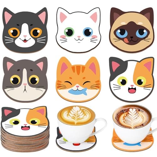 Image of saerryor Cat Gifts for Women Girls,12 Pcs Adorable Coasters,Personalised Coaster for Cat Lovers Colleagues Teacher Nurses Friends Volunteer Bulk Gift Birthday Presents for Mum Auntie Wife