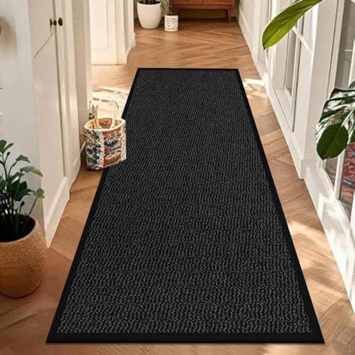 Image of Waterproof Runner Rug for Kitchen Floor - Black, 60 x 180 cm - Heavy Duty Waterproof PVC Backing Dirt Grabber Entrance Welcome Carpet Mat