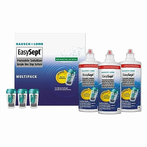 Image of EasySept Hydrogen Peroxide Multipack, 3x 360ml Contact Lens Solution Simple One Step System for Disinfection of Soft Contact Lenses & Lens Case with Neutralising Disc, Suitable for Sensitive Eyes