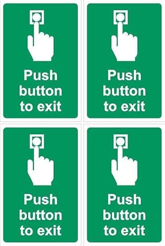 Image of Push button to exit sign, 100x150mm, pack of 4 stickers on A4 sheet