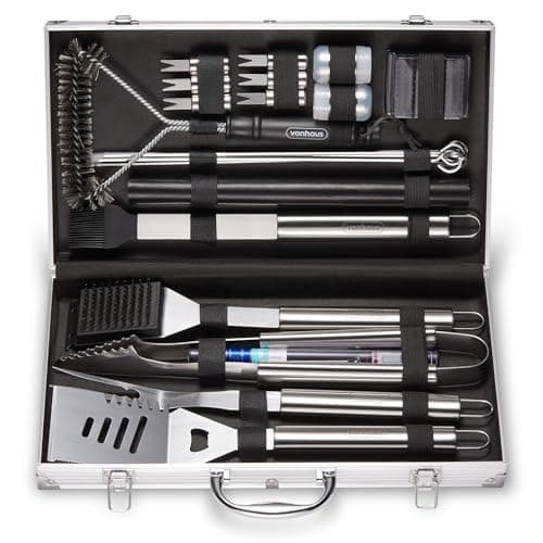 Image of VonHaus BBQ Tool Set with Case, 25Pcs BBQ Accessories Kit Including Spatula, Fork, Tongs, Thermometer, Barbecue Grill Mat, Basting Brush & Cleaner, Heavy Duty Utensils for Outdoor Cooking