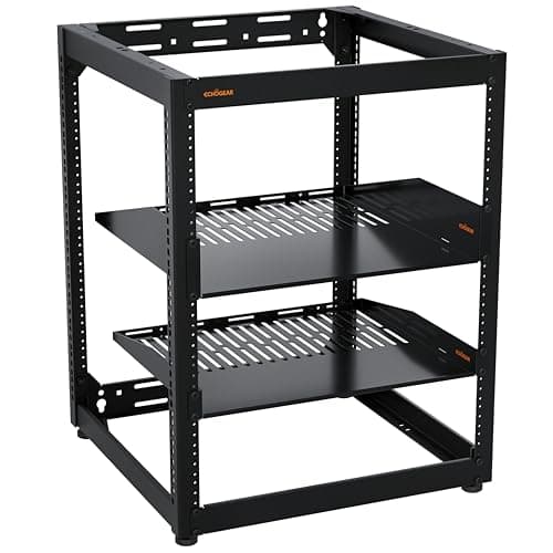 Image of ECHOGEAR - 15U open frame rack for AV servers and equipment, wall mount design includes 2 vented shelves, 25 rack mounting screws, 4 leveling feet, 4 mounting stops