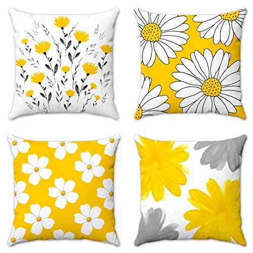 Image of KUNQIAN Outdoor Cushion Covers Yellow Mustard Flower Daisy Garden Cushions Set of 4 Throw Pillow Cover Home Decorative for Sofa Living Room Outside Grey Floral 18x18 Inch 45x45cm