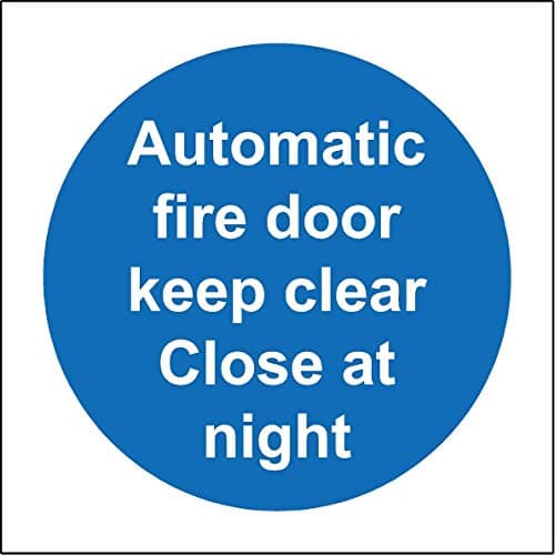 Image of Automatic fire door keep clear Close at night Safety sign - Self adhesive sticker 100mm x 100mm