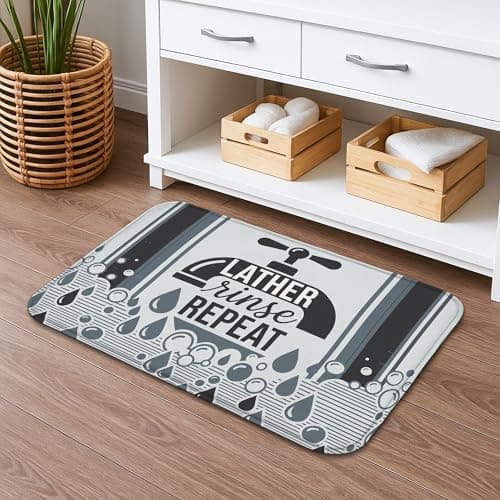 Image of Lather Rinse Repeat Quick Dry Bath Mat, Modern Water Droplets Absorbent Non Slip Shower Mat, All Season Flannel Washable Bath Rugs for Bathroom 20x32 Inch