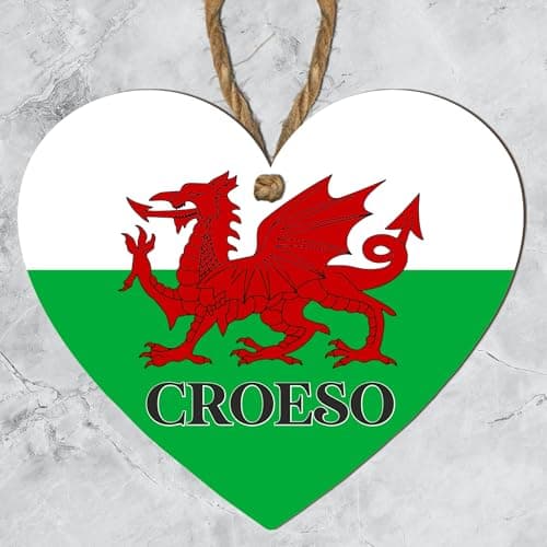 Image of Croeso Welsh Dragon Plaque | Welsh Welcome Sign | Heart-Shaped Hanging Wooden Plaque for Welsh Home Décor | Indoor Wall Sign with Red Dragon Design (Large: 23 cm (H) × 20 cm (W))