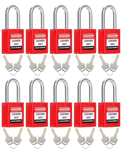 Image of Safety Lockout Padlock, 10 Padlocks with 20 Keys Different, Outdoor/Gym/Electrical Safety Padlock Weatherproof Steel Shackle, Loto Tag Tagout Red Lock