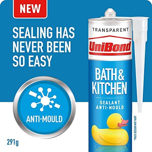Image of UniBond Bath & Kitchen Sealant, Mould Resistant Transparent Silicone, Ideal for Showers, Toilets, Tiles, Worktops & More, Durable & Waterproof, Easy Bathroom Sealant, 1x291g Cartridge
