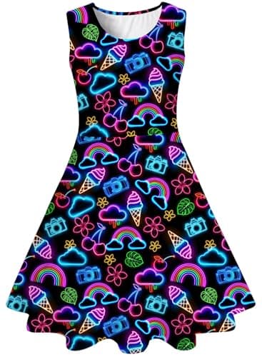 Image of Kids4ever Dress Girls Sleeveless Summer Dresses Neon Cartoon 3D Printed Children's A-Line Party Swing Dresses Back to School Casual Dress 10-12 Years