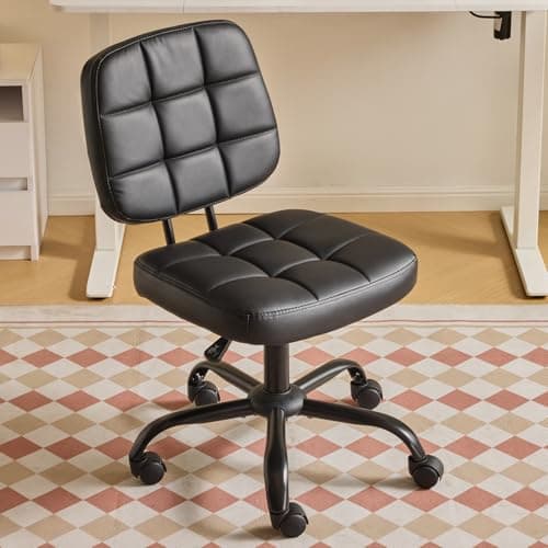 Image of Bonnlo Armless Office Swivel Computer Desk Chair with Wheels, Height Adjustable Vanity Chair without Armrest, Dressing Table Stool for Small Space, Bedroom, PU Leather, Black