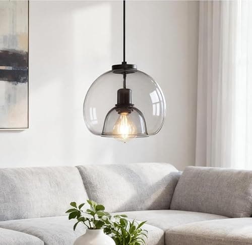 Image of 9.8" Smoke Gray Glass Pendant Light - Blown Glass Globe Pendant Light, E27 Vintage Hanging Lamp for Kitchen Island, Bedroom, Dining Room (1 Smoked FBA)