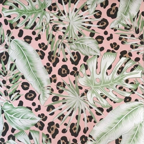 Image of SOPHIE LAURENCE Pink Tropical Leaf Wallpaper Leopard Print Metallic Gold Shimmer Feature Wall, Smooth Finish Vinyl Wall Panels for Lounge, Bedroom, Study Washable, Strippable, Non-Pasted (Full Roll)