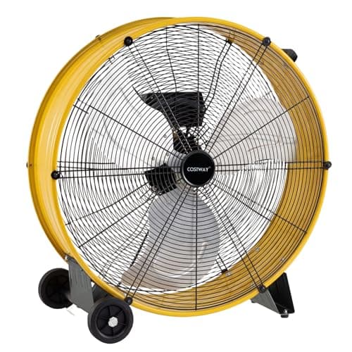 Image of COSTWAY 24 Inch Large Industrial Drum Fan, 3-Speed High-Velocity Floor Fan with Built-in Wheels & Handle, Metal Air Circulator Cooling Fan for Home Commercial Warehouse Workshop (Yellow)