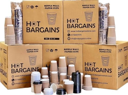 Image of HOT BARGAINS - Kraft Triple Walled Disposable Paper Ripple Cups - 50 X 12oz / 360ml, Hot Drink Cups + Reusable Lids