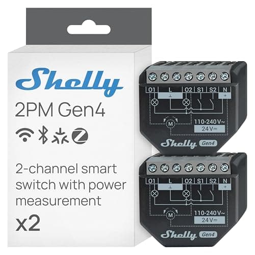 Image of Shelly 2PM Gen4 - Wi-Fi Smart Relay Switch, 2 Channels, 16A Total, Power Metering, Home Automation, Roller Shutter Remote Control, No Hub Required, Matter, Alexa, Google, HomeKit, Zigbee (2 Pack)