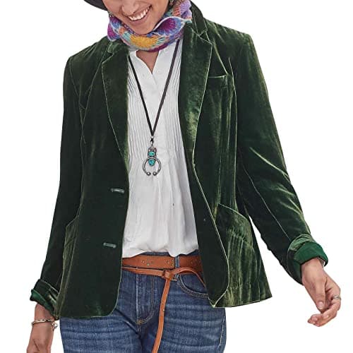 Image of MINTLIMIT Women's Casual Velvet Blazer Coat Long Sleeve V Neck Button Front Jacket Suit with Pockets, Dark Green, Size L