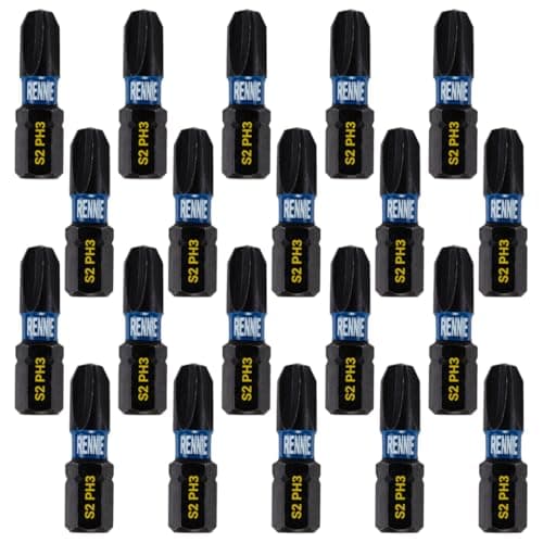 Image of 20 x Rennie Tools 25mm Long PH3 Impact Screwdriver Driver Bits Set. Phillips No.3 Heavy Duty Impact Driver Bit Set. PH3 Bits. Hex Shank. Cross Head