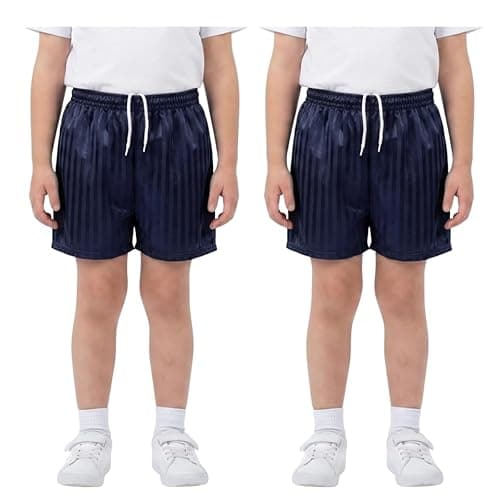 Image of Pack of 2 Unisex PE Shorts Kids Boys Girls Adults School Sports Shadow Stripe Elasticated Waist Drawstring Gym Football Games Uniform Shorts Made in UK Navy Blue 5-6 Years