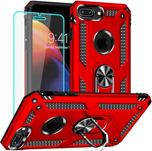Image of Yiakeng for iPhone 8 Plus Case with Screen Protector, Military Grade Protective Phone Cover with Ring Holder Kickstand for iPhone 7 Plus / 8 Plus (Red)