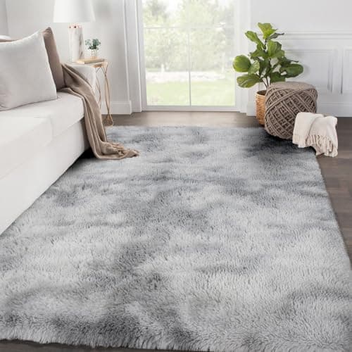 Image of SOANNY Rugs Living Room, Soft Fluffy Tie-Dye Area Carpet, Non-Slip Machine Washable for Bedroom, Dorm, Bedside, Lounge, Office, Nursery, Playroom, 90x150 cm, Light Grey