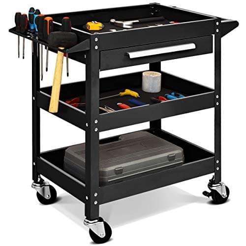 Image of TANGZON 3-Tier Rolling Tool Cart, Utility Service Cart with Towel Rack Handle, Lockable Casters, Draw & Holes, Heavy-duty Steel Mobile Storage Trolley for Garage Warehouse Office (Black)