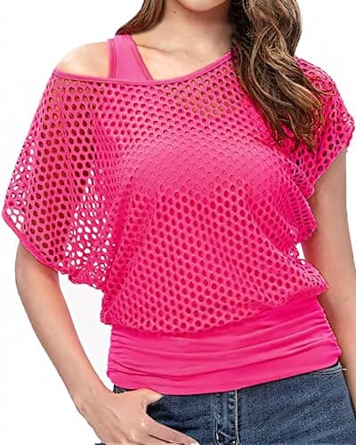 Image of 80s Fancy Fishnet Top for Women, Tank Top Off the Shoulder T-shirt 1980s Retro Theme Party Costume Accessories Cosplay