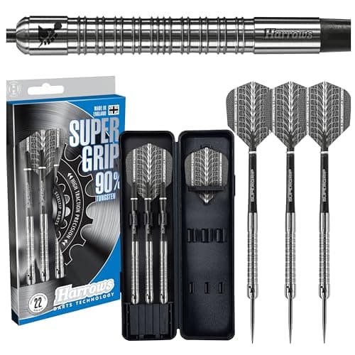 Image of Harrows SUPERGRIP 90% Tungsten Steel Tip Darts Set. Available in 21g, 22g, 23g, 24g, 25g, 26g, 28g & 30g - Includes Supergrip Shafts, Supergrip Flights & Travel Case (22g)