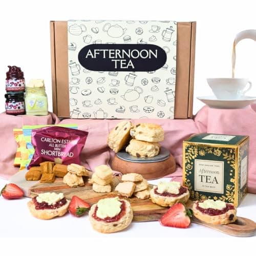 Image of Afternoon Tea Hamper For 2 Gift Set | Luxury Treats for Women & Couples | Includes Tea, Sultana Scones, Clotted Cream, Strawberry Jam & Mini Biscuits | Afternoon Tea For Her