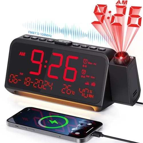 Image of Mesqool Projection Digital Radio Clock with Snooze and Night Light, FM Clock Radio with Temperature and Date Display, Dual Alarm for Weekday and Weekend with USB & Type C Charging