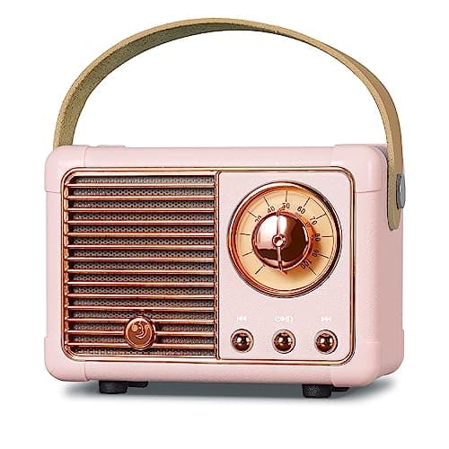 Image of prunus J-999 Mini Bluetooth Speaker with FM Radio, Retro Radio Rechargeable, Bluetooth 5.0/Superior Sound, Supports USB/TF/AUX/Hands-Free Calls (Pink)