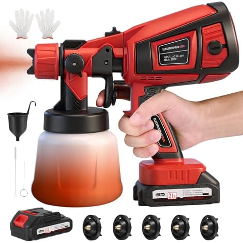 Image of Cordless Paint Sprayer,Paint Sprayers with 21V Battery, Fence Paint Sprayer with 3 Spray Patterns, Handheld Paint Gun with 2x3000mAh Batteries & Charger for Fence, Walls, Ceilings, Home Painting(Red)