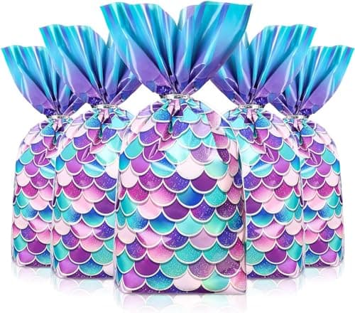 Image of micskin 50 pcs Mermaid Cellophane Sweet Bags, Mermaid Party Bags Decorations Goody Bags for Girls Birthday Party Supplies, Fish Tail Cellophane Treat Bags for Wedding Decorations