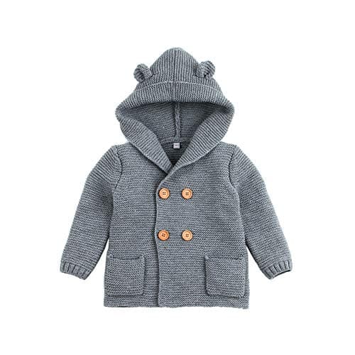 Image of VICROAD Baby Cardigan Hooded Coats Boys Girls Knitted Jackets Warm Sweater Outwear Grey