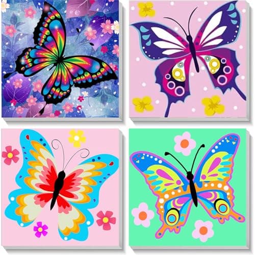 Image of Pujeknm 4 Pack Butterfly Paint by Numbers for Children with Wooden Frame-Butterflies Paint by Numbers Kids Ages 4-8-12,DIY Painting by Numbers for Kids Acrylic Oil Canvas for Home Wall Decor(8X8inch)