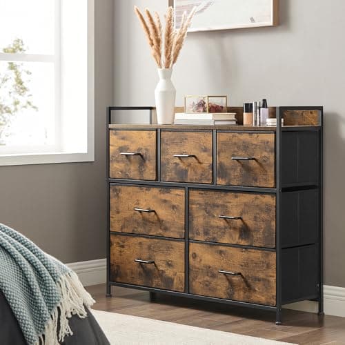 Image of SONGMICS Chest of Drawers, Bedroom Cabinet, 7 Fabric Drawers with Handles, Metal Frame, Rustic Brown and Ink Black LTS137B01