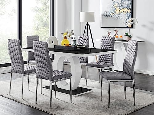 Image of Furniturebox UK Giovani 6 Black Dining Table & 6 Grey Velvet Milan Chairs